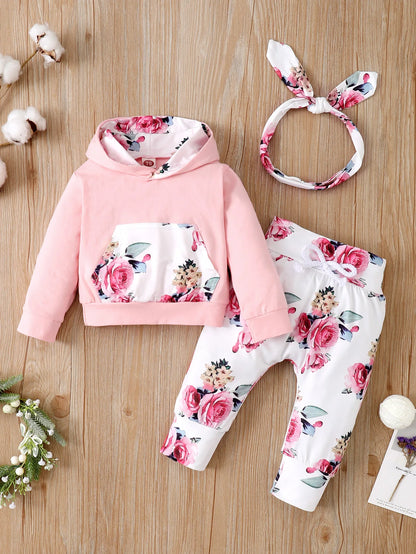 Set Abbigliamento Floreale per Neonata - 3 Pezzi: Felpa con Cappuccio, Pantaloni e Fascia