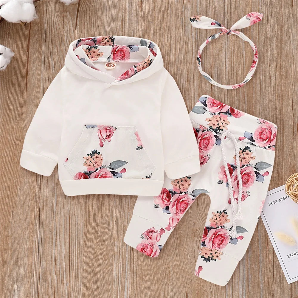 Set Abbigliamento Floreale per Neonata - 3 Pezzi: Felpa con Cappuccio, Pantaloni e Fascia