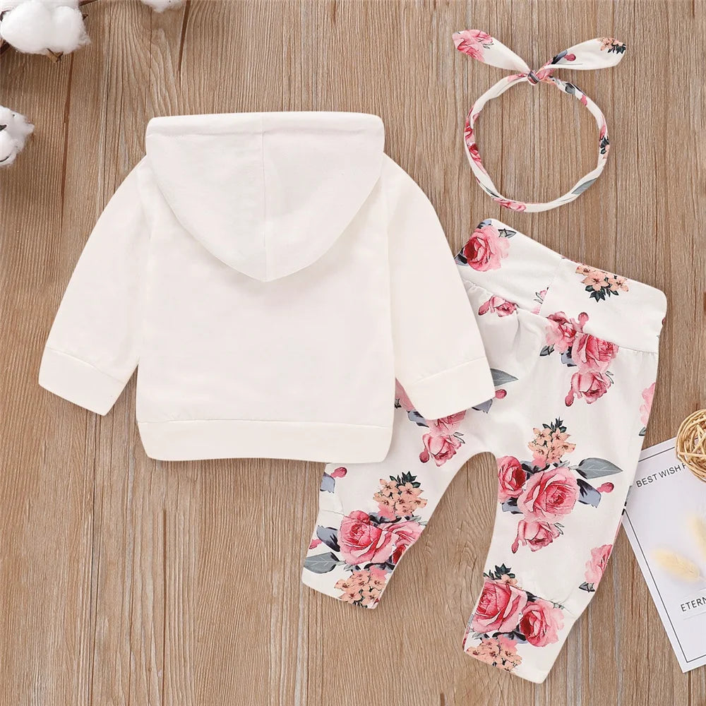 Set Abbigliamento Floreale per Neonata - 3 Pezzi: Felpa con Cappuccio, Pantaloni e Fascia