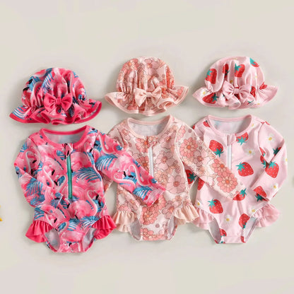 Completo Estivo per Bambina - Costume da Bagno con Stampa di Fenicotteri/Fiori e Fascia Coordinata