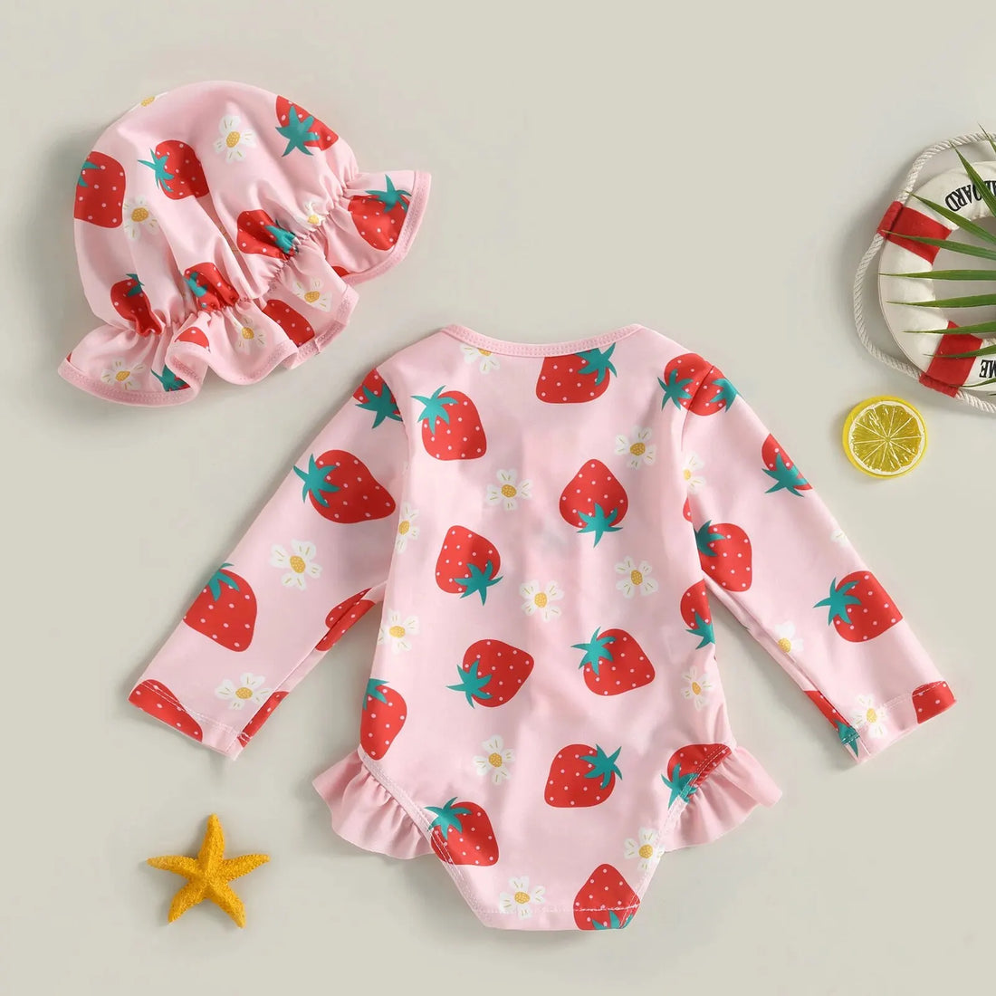 Completo Estivo per Bambina - Costume da Bagno con Stampa di Fenicotteri/Fiori e Fascia Coordinata