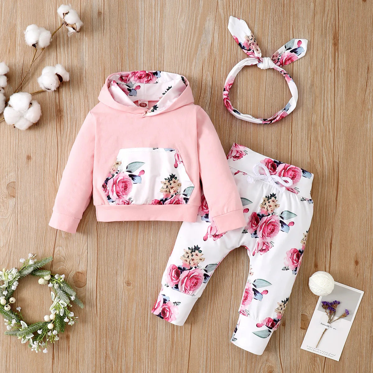 Set Abbigliamento Floreale per Neonata - 3 Pezzi: Felpa con Cappuccio, Pantaloni e Fascia